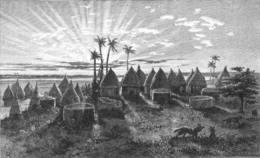A deserted Shilluk village after a Turkish slave raid, 1862 Deserted Shillook Village, 1862.png