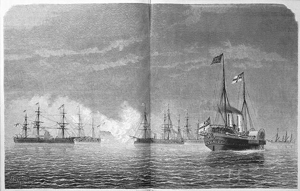 Illustration of the fleet conducting maneuvers, including Friedrich der Grosse and several other ironclads and other vessels