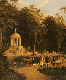 Die Napoleonshohe im Steiger bei Erfurt
, painted by Nikolaus Dornheim [de] in 1812. Inaugurated in March 1811 to celebrate Napoleon's birthday, this Greek-style temple with grotto, flowerbeds and fountain in the Stiegerwald
was burned in November 1813 and completely destroyed by Erfurters and their besiegers in 1814. Die Napoleonshohe im Steiger bei Erfurt von NH Dornheim.jpg