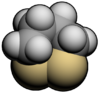 Space filling models of 1,2-dithiane (left), 1,3-dithiane and 1,4-dithiane (right)