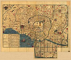 江戸の地図。1844-1848年。この地図は北が上ではなく、西辺りが上になっていることには注意。