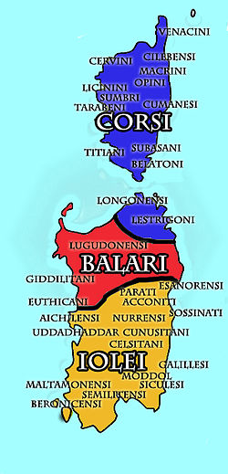 Ancient peoples and tribes of Corsica and Sardinia; in blue the land dwelt by the Corsi, in red the land dwelt by the Balares (Balari), in yellow the land dwelt by the Ilienses (Iolei) (tribes' names are in Italian and not in Latin). Etnie Nuragiche.jpg
