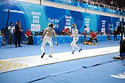 Deutsch: Fechten bei den Olympischen Jugend-Sommerspielen 2018: Tag 1, 7. Oktober 2018, Jungen, Säbel, Viertelfinale - Krisztián Rabb (HUN) - Antonio Heathcock (GER) 15:11 English: Fencing at the 2018 Summer Youth Olympics at 7 October 2018 – Boys' sabre Quarterfinals – Krisztián Rabb (HUN) Vs Antonio Heathcock (GER) 15:11