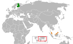 Mapa označující umístění Finska a Malajsie