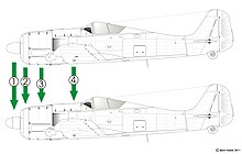 Ausgewählte Unterschiede zwischen Fw 190 A-0 und A-1. 1. Größerer Propellerspinner2. Veränderte Motorabdeckung3. Veränderte Form der Laderluftkanalverkleidungen4. Ersatz der flügelmontierten MG 17 (7,92 mm) durch Maschinenkanonen (20 mm) vom Typ MG FF.