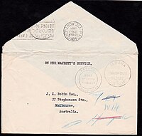 Insufficient address: marked to try E1 (Richmond), W14 (Spotswood) and Springvale (a suburb, but outside PDN area)- delivered to Spotswood Gilbert Ellice 1964 envelope.jpg