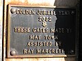 Golden Jubilee Plaque, gates of St. Michael's Commemorating the 50 year reign of Queen Elizabeth II.