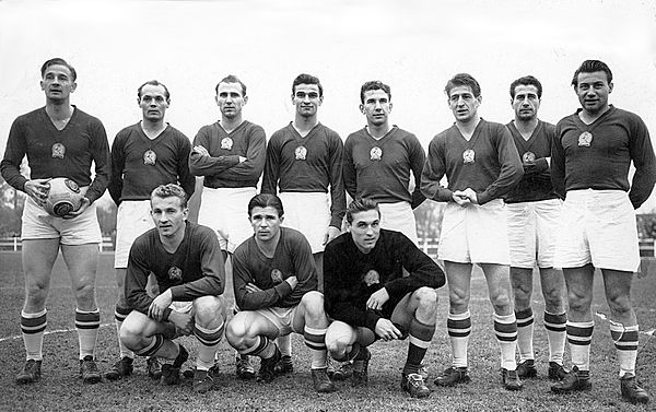 The Golden Team in 1953 front row: Mihály Lantos, Ferenc Puskás, Gyula Grosics back row: Gyula Lóránt, Jenő Buzánszky, Nándor Hidegkuti, Sándor Kocsis