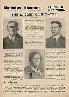 Election address of three Labour candidates, Mary Barbour, Manny Shinwell, and Tom Kerr, for the Govan Fairfield ward in the Glasgow Municipal elections of 1920. Govan Fairfield election address.jpg