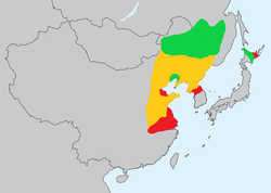 alt=Distribución\nVerde: Área de reproducción\nAmarillo: Paso migratorio\nRojo: Área no reproductora