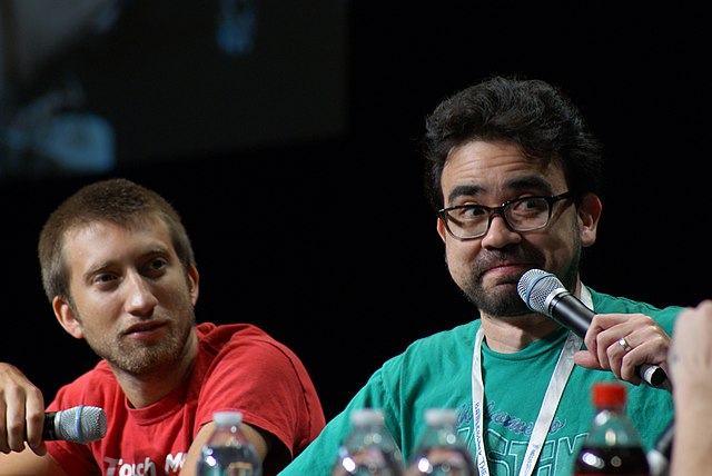 Gavin Free and Gus Sorola co-hosting a panel for the Rooster Teeth Podcast at RTX 2013