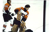 In 1987, Ron Hextall became the first goaltender to score via a direct shot on goal, and later became the first with a short-handed goal. Hextall is the only goaltender to have scored more than once with a direct shot on goal. Hextall OnIce.jpg