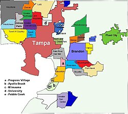 Áreas incorporadas destacadas no mapa do condado Cidades incorporadas em negrito; CDPs em fonte pequena.