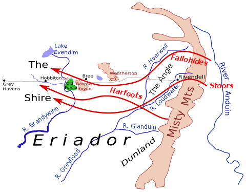 The hobbits are described as being of three types, Harfoots, Fallohides, and Stoors, all deriving from a region to the east of the Shire, in particular the Angle between two rivers, and migrating to the Shire at different times. Hobbit origins map.svg