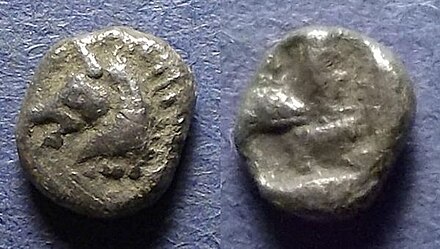 Ionia, Uncertain city (possibly Kyme, Aeolis) 600–550 BCE, Hemiobol. Horse head, rough incuse