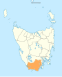 Mapa zobrazující Huon Valley LGA v Tasmánii