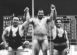 Medal winners of +90 kg. From left to right, Hwang Ho-dong, Manouchehr Boroumand and Reza Esteki Hwang Ho-dong, Manouchehr Boroumand, Reza Esteki 1966.jpg