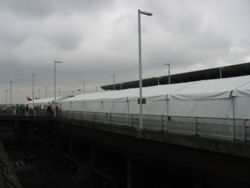 Tents on the car park in front of terminal 4. Heathrow, 14 August. Erected to give people a place to stay while waiting for their flight to depart