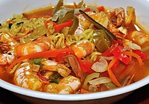 A spicy prawn and noodle soup