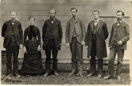 Faculty in 1883 (Left to Right): E. E. Grimm, Professor of Agriculture; Ida Callahan, Assistant Professor of English; B. L. Arnold, President; B. J. Hawthorn, Professor of Languages; Joseph Emery, Professor of Math and Natural Sciences; W. W. Briston.