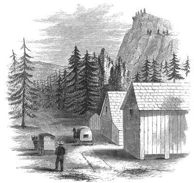 Engraving of a road and wooden buildings amid pine trees and a steep mountain