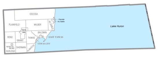 U.S. Census data map showing local municipal boundaries within Iosco County.  Shaded areas represent incorporated cities.