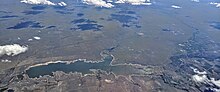 Aerial view from the north of John Martin Reservoir. Fort Lyon is at the lower far right.