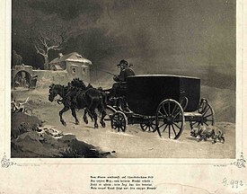 A portrayal by Joseph Heicke of the journey of Mozart's coffin through a storm to the cemetery. Engraving from about 1860, a few years after the Deiner story appeared. Joseph Heicke Mozarts Begrabnis G 0992 II.jpg
