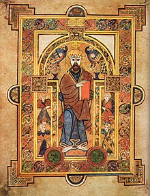 A page from a book depicting a stylised bearded man holding a book, and four other men