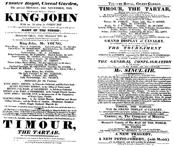 A playbill for the 1823 production of King John in which Planché introduced historically accurate costumes