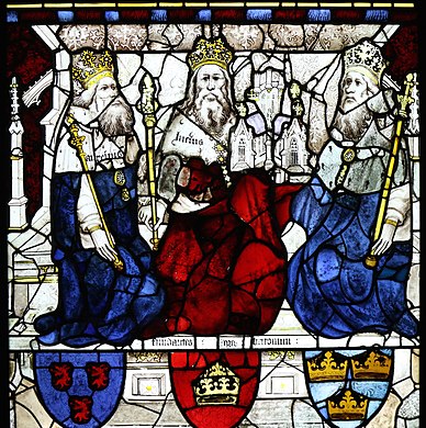 King Lucius (middle) from the East Window in York Minster King Lucius and two other Kings, East Window, York Minster.jpg