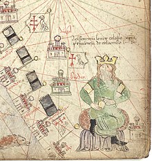 The Christian "King of Colombo" (Kollam in India, flags: , identified as Christian due to the early Christian presence there) in the contemporary Catalan Atlas of 1375. The caption above the king of Kollam reads: Here rules the king of Colombo, a Christian. The black flags () on the coast belong to the Delhi Sultanate. King of Colombo (Kollam), Catalan Atlas 1375.jpg