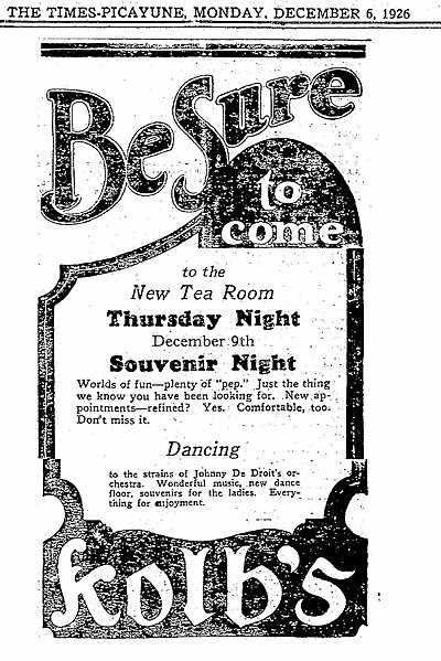 File:Kolbs restaurant ad, New Orleans 1926 - dancing to Johnny De Droit's Orchestra.jpg