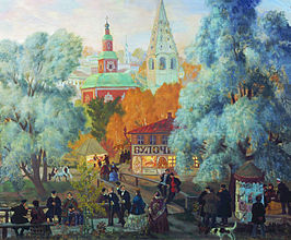 Boris Kustodjev.  provincie.  1919  Je vyobrazeno bývalé Romanovské tržiště.