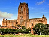 Church of England Cathedral, a large red-brick up-sized down capital letter 'T' shaped building.