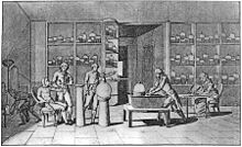 Zwart-wit gravure van Lavoisier's laboratorium, man links zittend met een buis aan zijn mond, man in het midden die experiment uitvoert, vrouw rechts zittend tekening, andere mensen zichtbaar