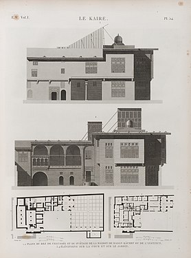 Kaire (Caïro).  1.2.  Plannen van de begane grond en de 1e verdieping van het huis van Hasan Kâchef of van het instituut;  3.4.  Verhogingen naar de binnenplaats en naar de tuin (NYPL b14212718-1268765) .jpg