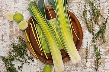 Still life of leeks and thyme