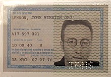 Lennon's green card, which allowed him to live and work in the United States Lennon's Green Card.jpg