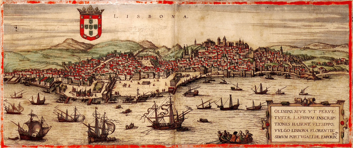Lisbon and the Tagus (1572). Galleon in the center (one type of Portuguese galleon), carracks, galley, round caravels, and caravels (lateen), among other vessels