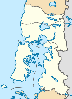 Mapa konturowa Los Lagos, blisko centrum na lewo znajduje się punkt z opisem „Ancud”