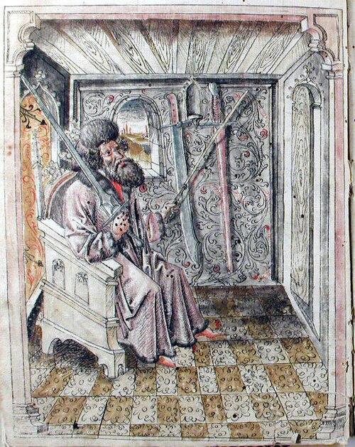 This image of a seated master precedes the gloss of Liechtenauer's teachings in the Codex 44A.8.