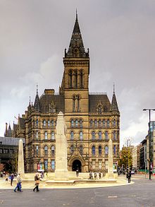 The Cenotaph on its present site; looking northwest Manchester Cenotaph with Town Hall.jpg