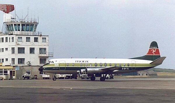 Manx Airlines Vickers Viscount taxiing past the airport control tower in 1988