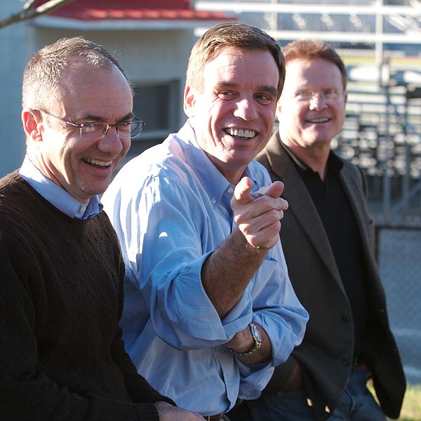 Warner with Virginia House of Delegates minority leader Ward Armstrong (left) and then-U.S. Senator Jim Webb (right), November 4, 2007