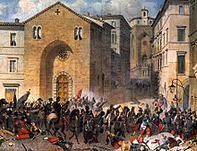 Regiments of the Swiss Guard attacking rebels in 1859 Massacro di perugia napoleone verga.jpg