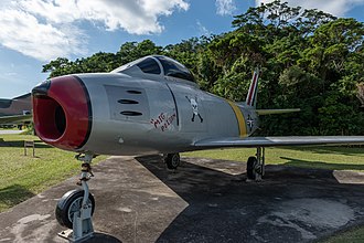 Hagerstrom flew an F-86 Sabre nicknamed "MiG Poison" in the Korean War. The reproduction pictured here is on display at Kadena Air Base in Okinawa, Japan. MiG Poison, F-86F Sabre, Kadena Air Base.jpg
