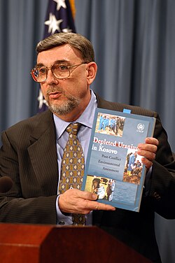 Dr. Michael Kilpatrick Deputy Director of the Deployment Health Support Directorate Dr. Michael Kilpatrick shows a copy of a depleted uranium study done in Kosovo during a Pentagon press briefing on March 14, 2003. Kilpatrick and Army Col. James Naughton, Army Material Command, briefed reporters on the military uses of depleted uranium and its minimal impact on health and the environment. DoD photo by Helene C. Stikkel. (Released)