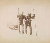 Ludwik Szaciński: Polárníci Fridtjof Nansen (vlevo) a Otto Neumann Knoph Sverdrup táhnou saně. Pózují ve fotoateliéru. Protože sám pořizoval všechny fotografie během Grónské expedice, musely být rekonstruovány ilustrace, které zobrazovaly Fridtjofa Nansena v akci. Ty měly být použity v knize o přechodu Grónska. 1889–1890.