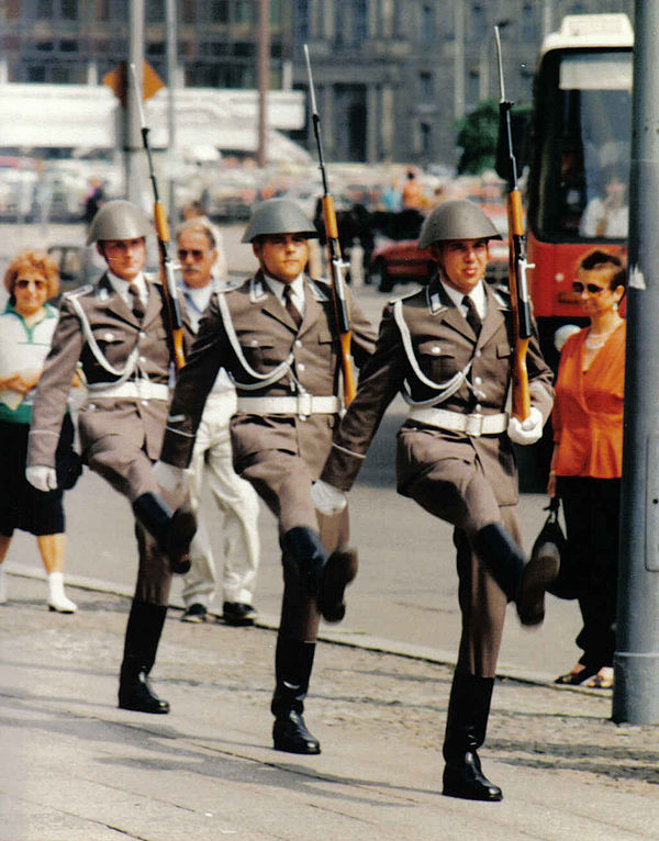 Soldiers of the Guard Regiment Friedrich Engels marching at a changing-of-the-guard ceremony at the Neue Wache on the Unter den Linden in Berlin